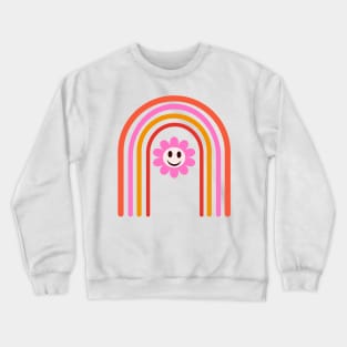 Pink Smiley Flower on Retro Rainbow Crewneck Sweatshirt